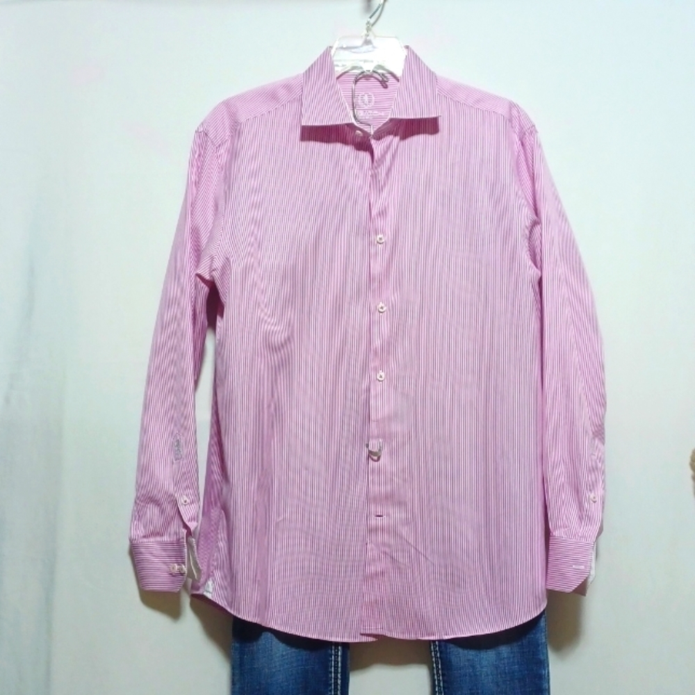 BUGATCHI UOMO MENS DRESS SHIRT SIZE 17.5 34-35 IN A BEAUTIFUL PINK STRIPE